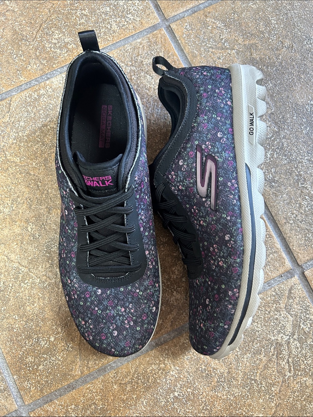 Skechers Black Floral Knit GOwalk Sneakers with Purple Accents